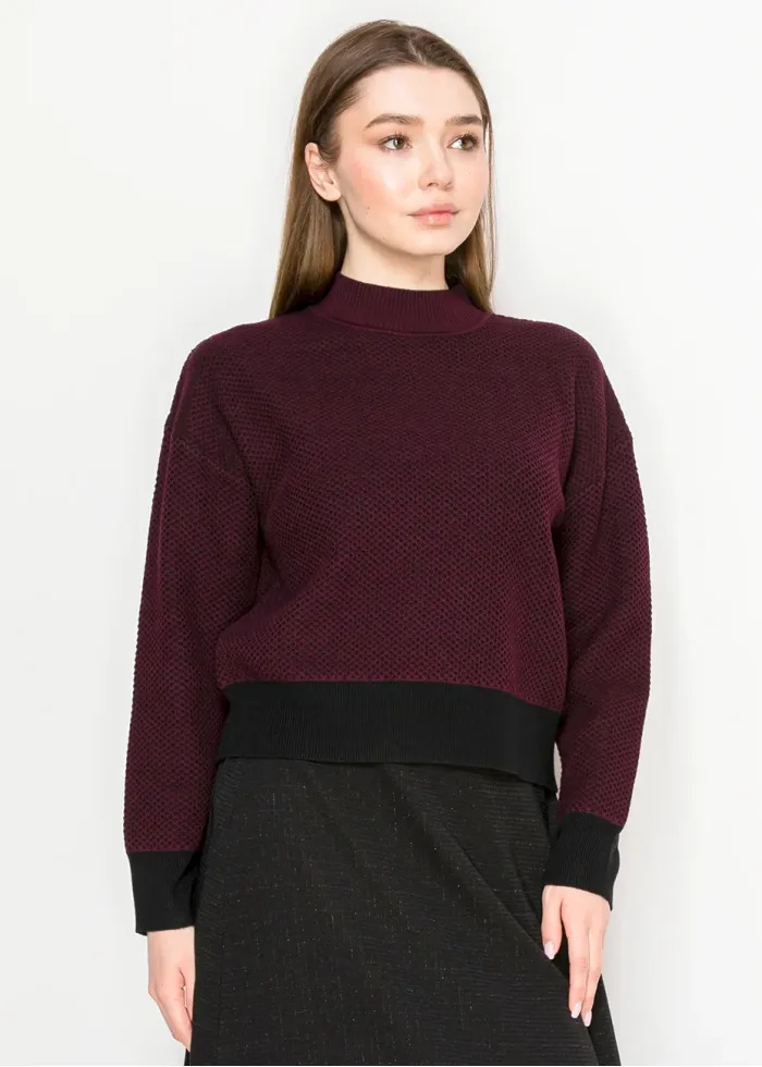 Burgundy Textured Sweater with Black Hem