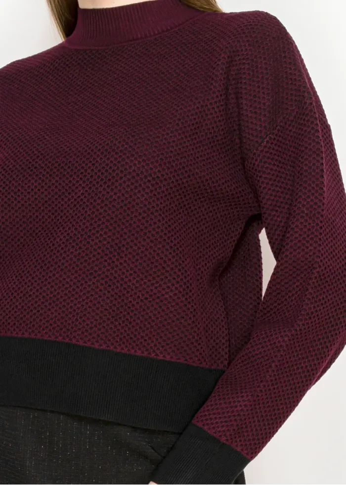 Burgundy Textured Sweater with Black Hem