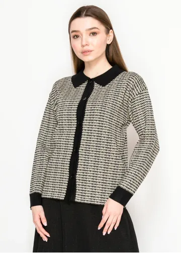 Black Collar Houndstooth Knit Cardigan