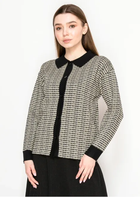 Black Collar Houndstooth Knit Cardigan