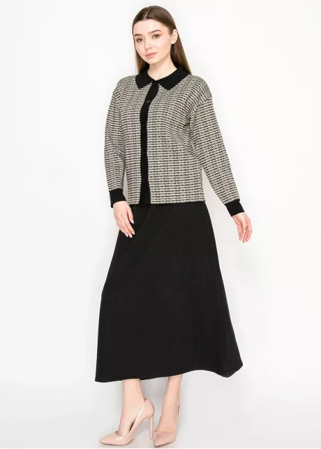 Black Collar Houndstooth Knit Cardigan