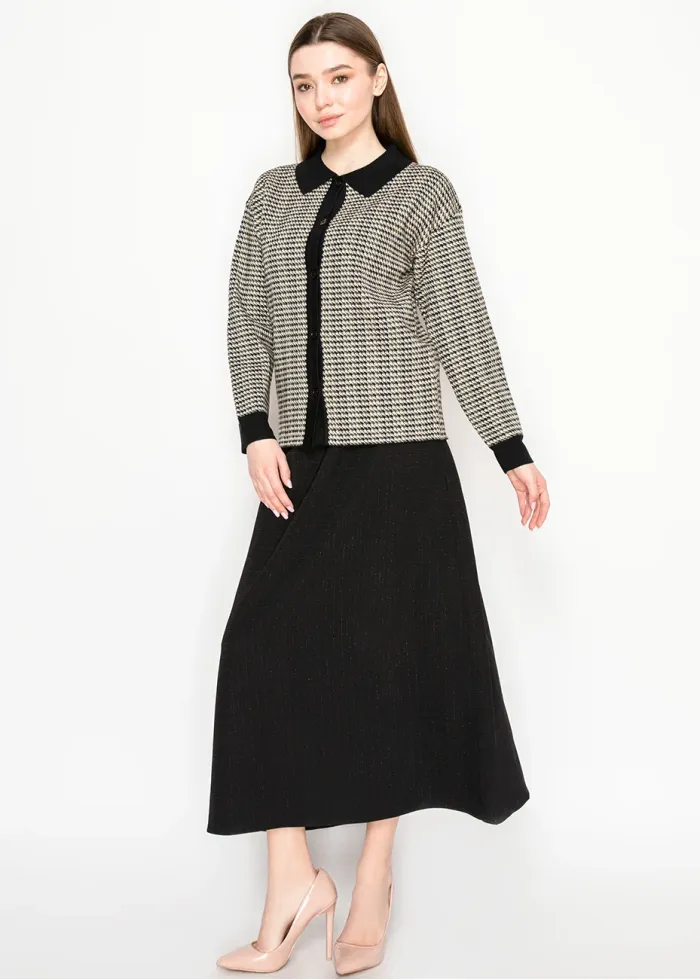 Black Collar Houndstooth Knit Cardigan
