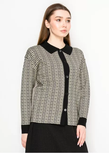 Black Collar Houndstooth Knit Cardigan