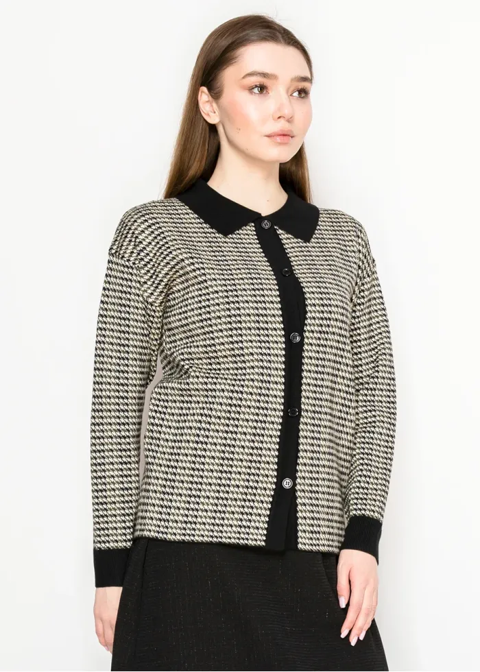 Black Collar Houndstooth Knit Cardigan