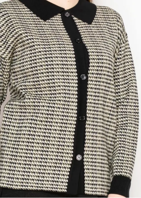 Black Collar Houndstooth Knit Cardigan