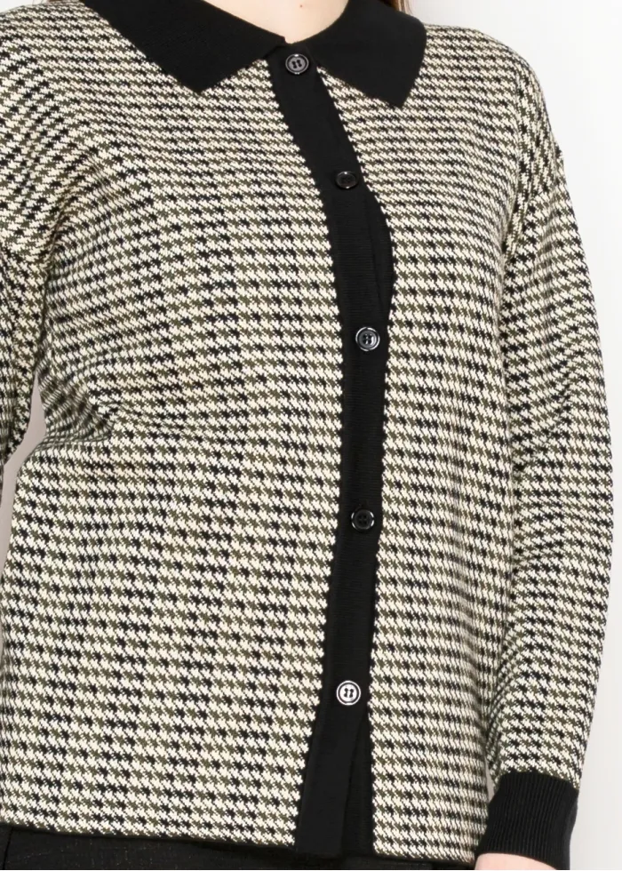 Black Collar Houndstooth Knit Cardigan