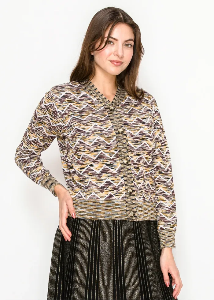Brown Geometric Pattern Knit Cardigan
