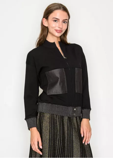 Black Zip-Front Knit Jacket with Contrast Hem