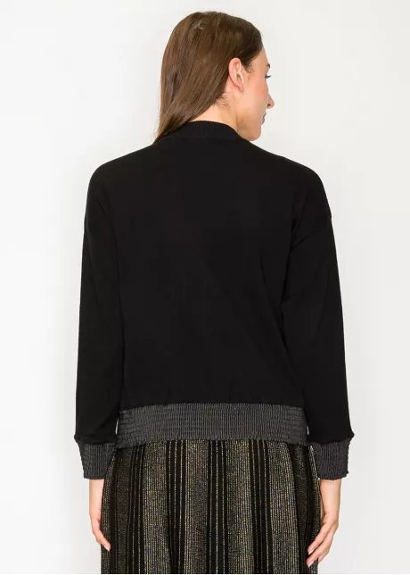Black Zip-Front Knit Jacket with Contrast Hem