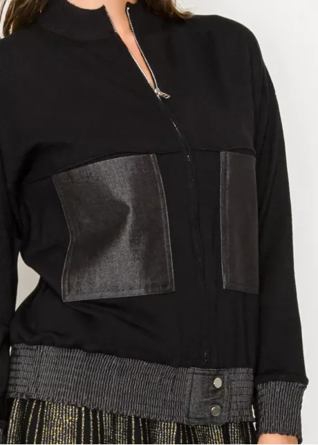 Black Zip-Front Knit Jacket with Contrast Hem