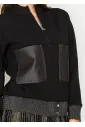 Black Zip-Front Knit Jacket with Contrast Hem