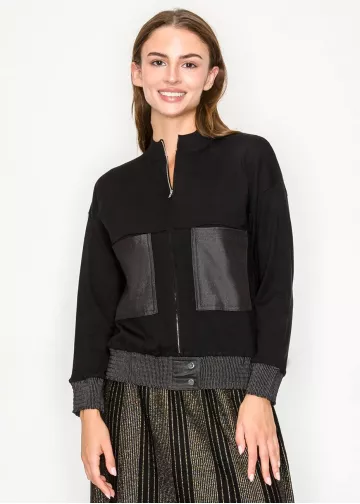 Black Zip-Front Knit Jacket with Contrast Hem Black Zip-Front Knit Jacket with Contrast Hem