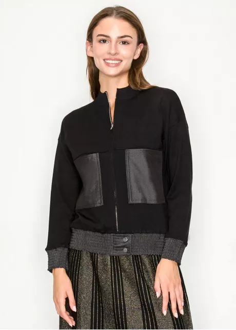 Black Zip-Front Knit Jacket with Contrast Hem