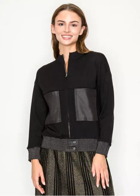 Black Zip-Front Knit Jacket with Contrast Hem Black Zip-Front Knit Jacket with Contrast Hem