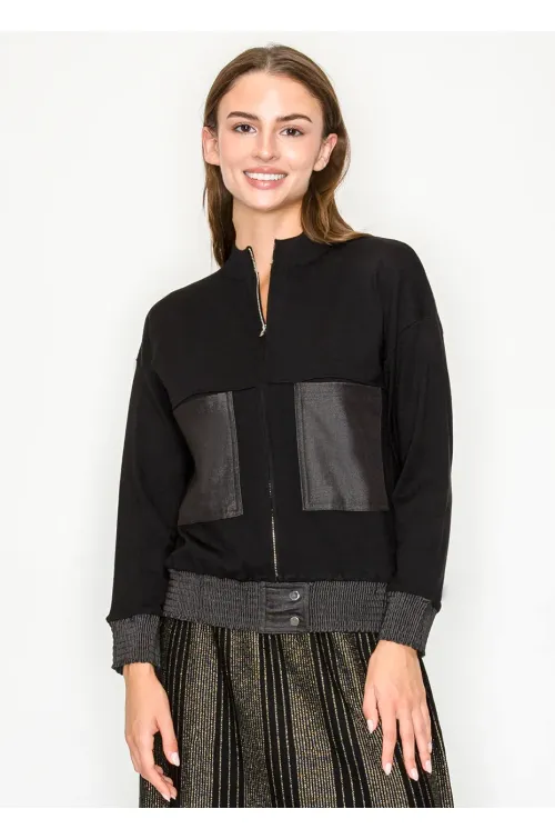 Black Zip-Front Knit Jacket with Contrast Hem
