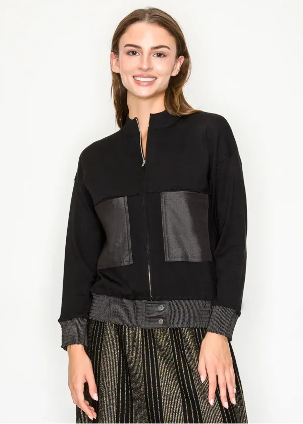Black Zip-Front Knit Jacket with Contrast Hem