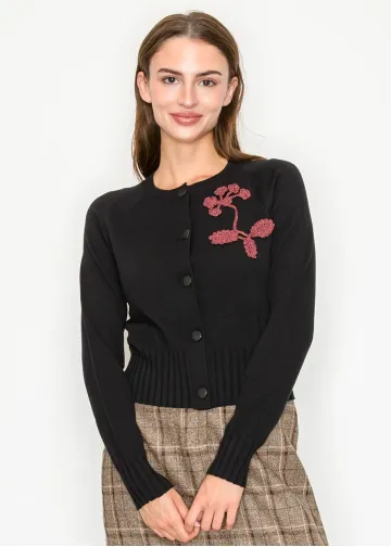 Black Cardigan with Embroidered Floral Detail
