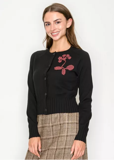 Black Cardigan with Embroidered Floral Detail