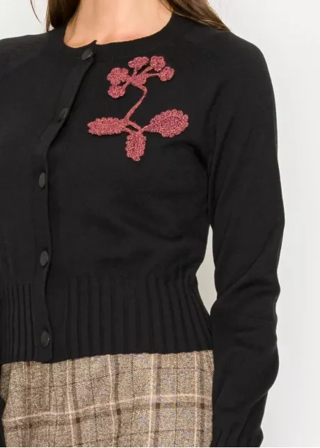 Black Cardigan with Embroidered Floral Detail