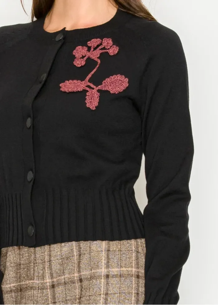 Black Cardigan with Embroidered Floral Detail