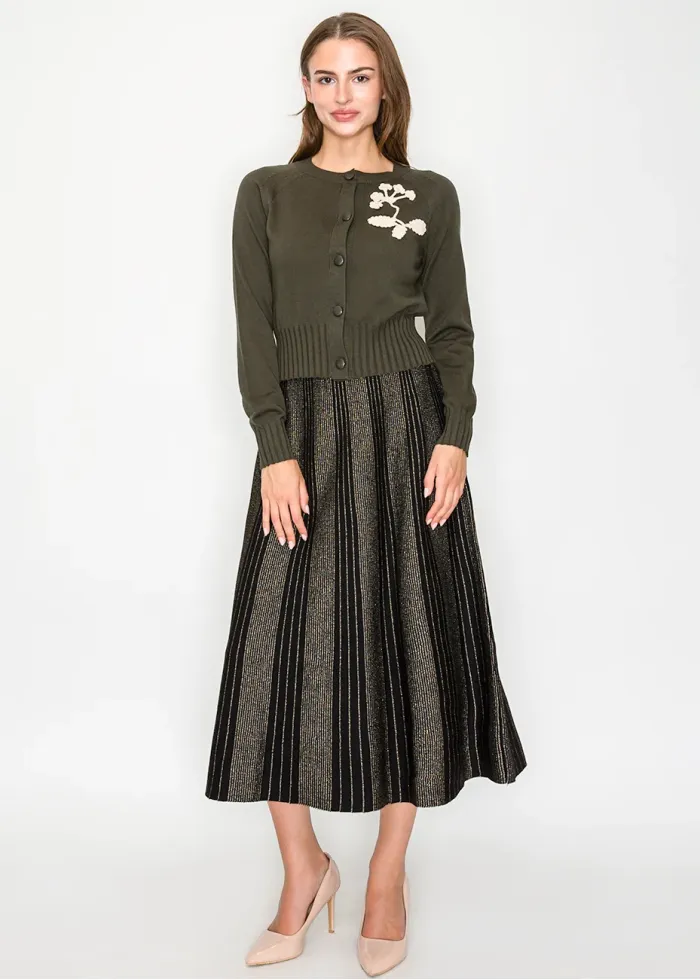 Olive Cardigan with Embroidered Leaf Detail