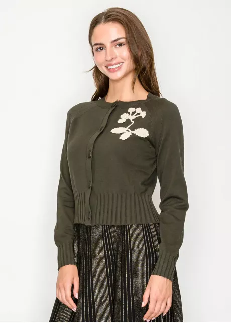 Olive Cardigan with Embroidered Leaf Detail