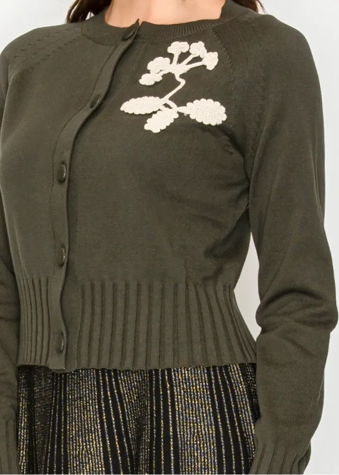 Olive Cardigan with Embroidered Leaf Detail