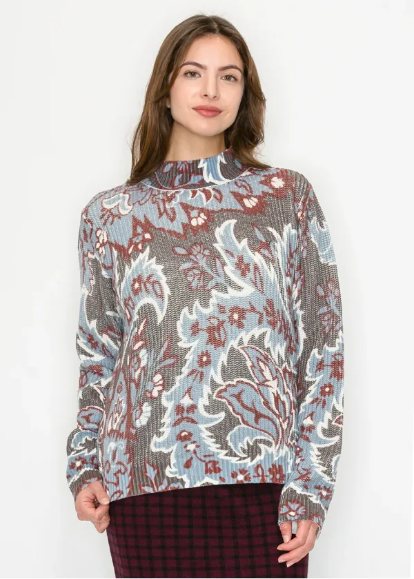 Floral Jacquard Mock Neck Sweater