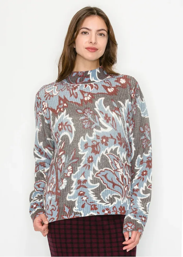 Floral Jacquard Mock Neck Sweater