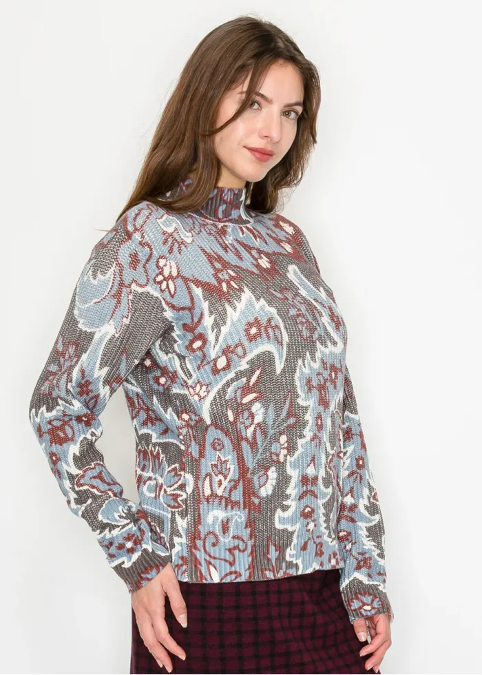 Floral Jacquard Mock Neck Sweater