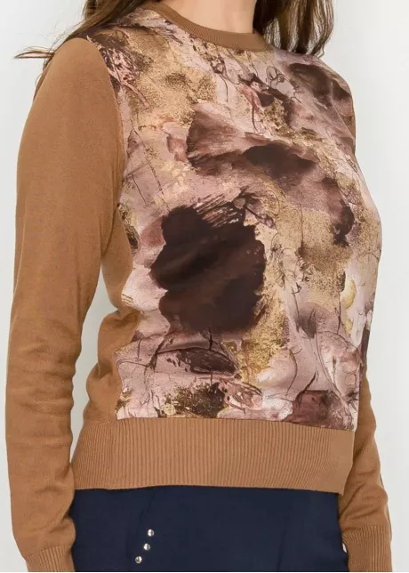 Abstract Print Knit Sweater in Brown