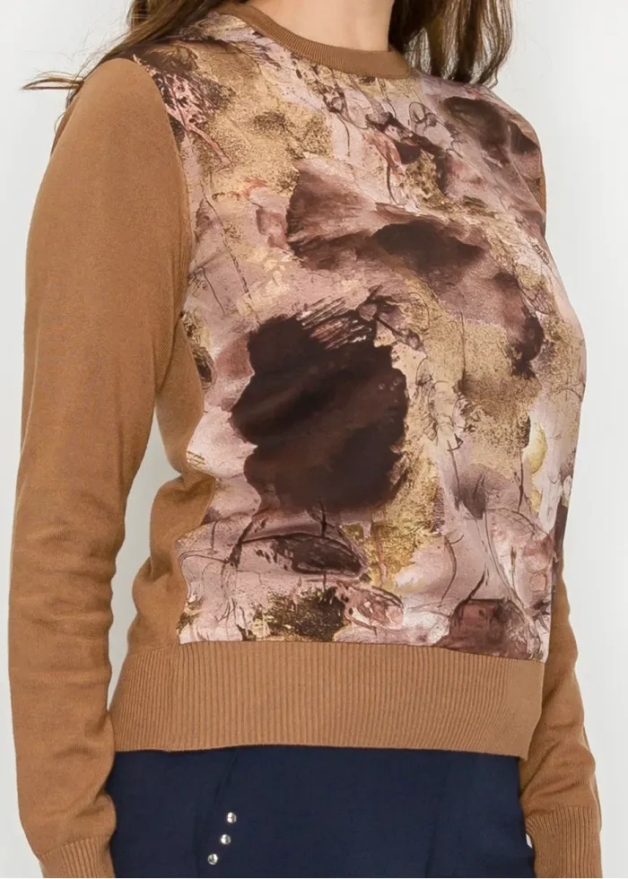 Abstract Print Knit Sweater in Brown