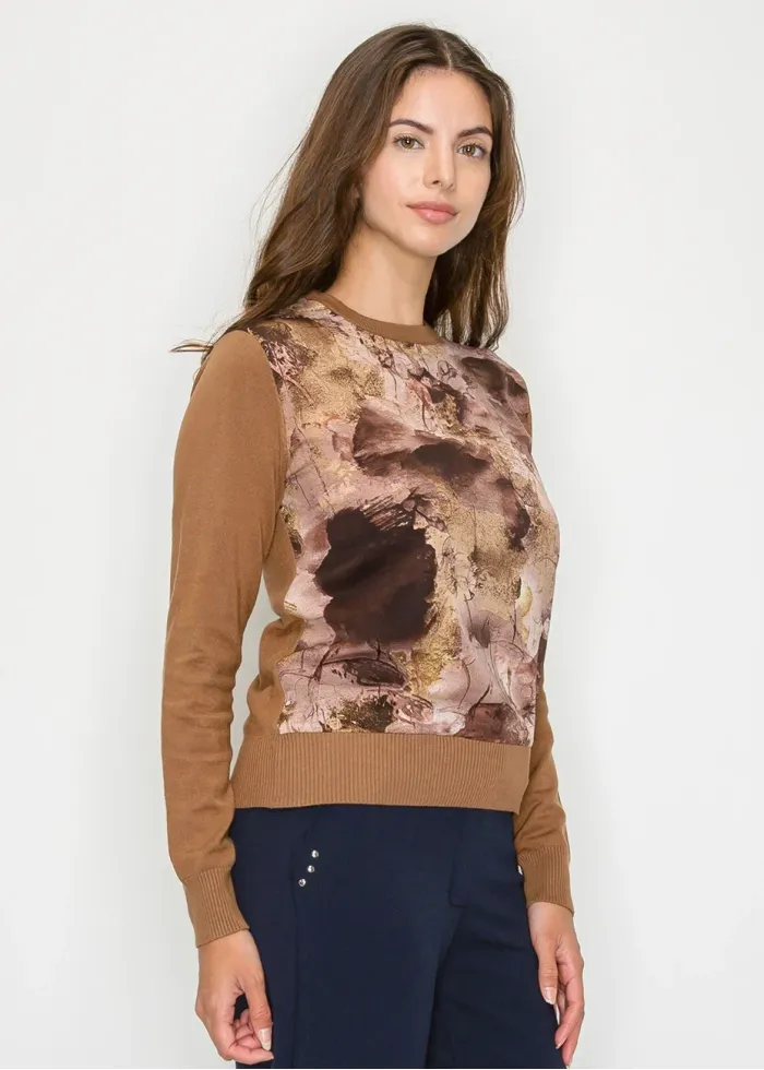 Abstract Print Knit Sweater in Brown