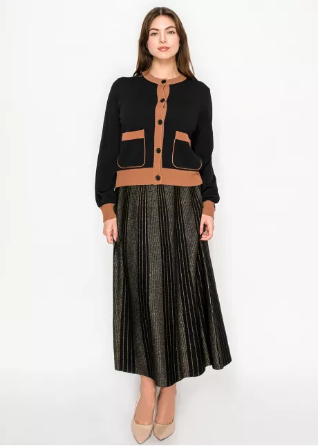 Black Knit Cardigan with Camel Details