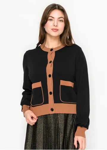 Black Knit Cardigan with Camel Details