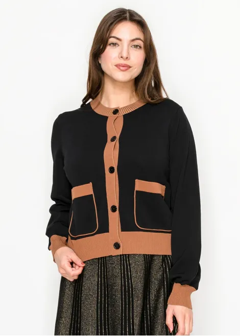 Black Knit Cardigan with Camel Details