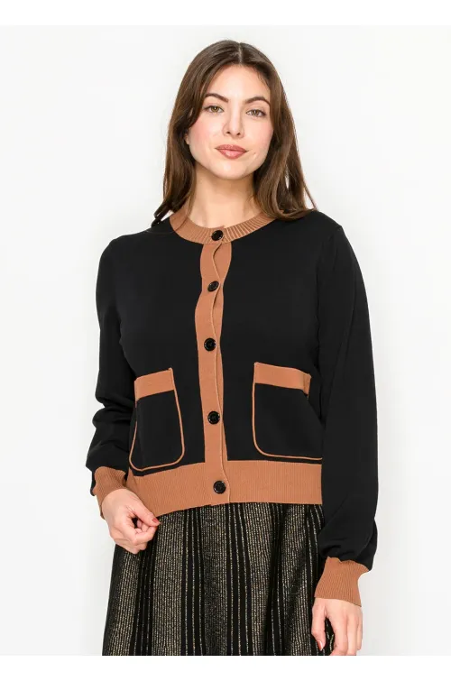 Black Knit Cardigan with Camel Details
