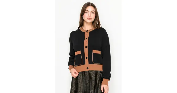 Black Knit Cardigan with Camel Details | Modest Women Clothing