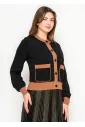 Black Knit Cardigan with Camel Details