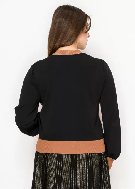 Black Knit Cardigan with Camel Details