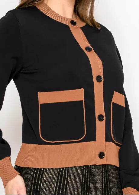 Black Knit Cardigan with Camel Details