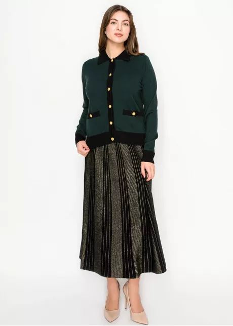 Green Contrast Trim Cardigan with Gold Buttons