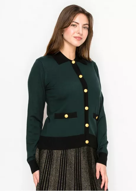 Green Contrast Trim Cardigan with Gold Buttons