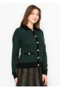 Green Contrast Trim Cardigan with Gold Buttons