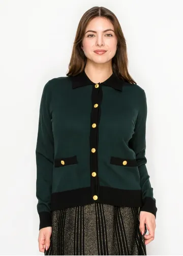 Green Contrast Trim Cardigan with Gold Buttons