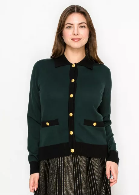 Green Contrast Trim Cardigan with Gold Buttons