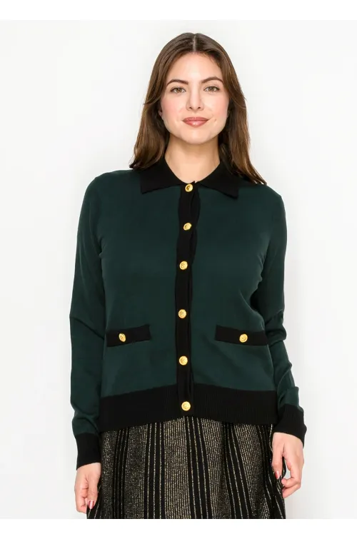 Green Contrast Trim Cardigan with Gold Buttons