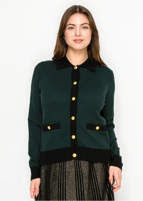 Green Contrast Trim Cardigan with Gold Buttons