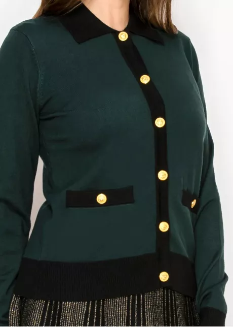 Green Contrast Trim Cardigan with Gold Buttons