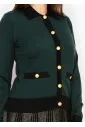 Green Contrast Trim Cardigan with Gold Buttons